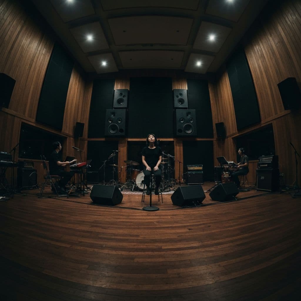 Professional music studio with recording equipment in dark moody atmosphere